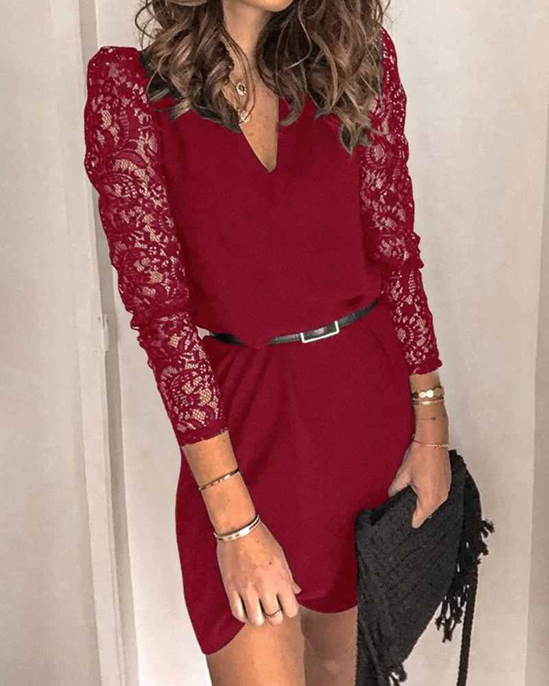 

V Neck Lace Sleeve Mini Dress, Wine red