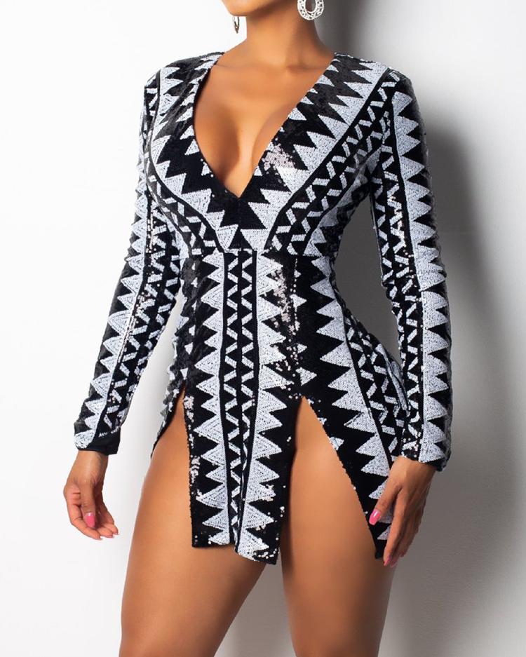 

Deep V Slit Sequin Party Dress