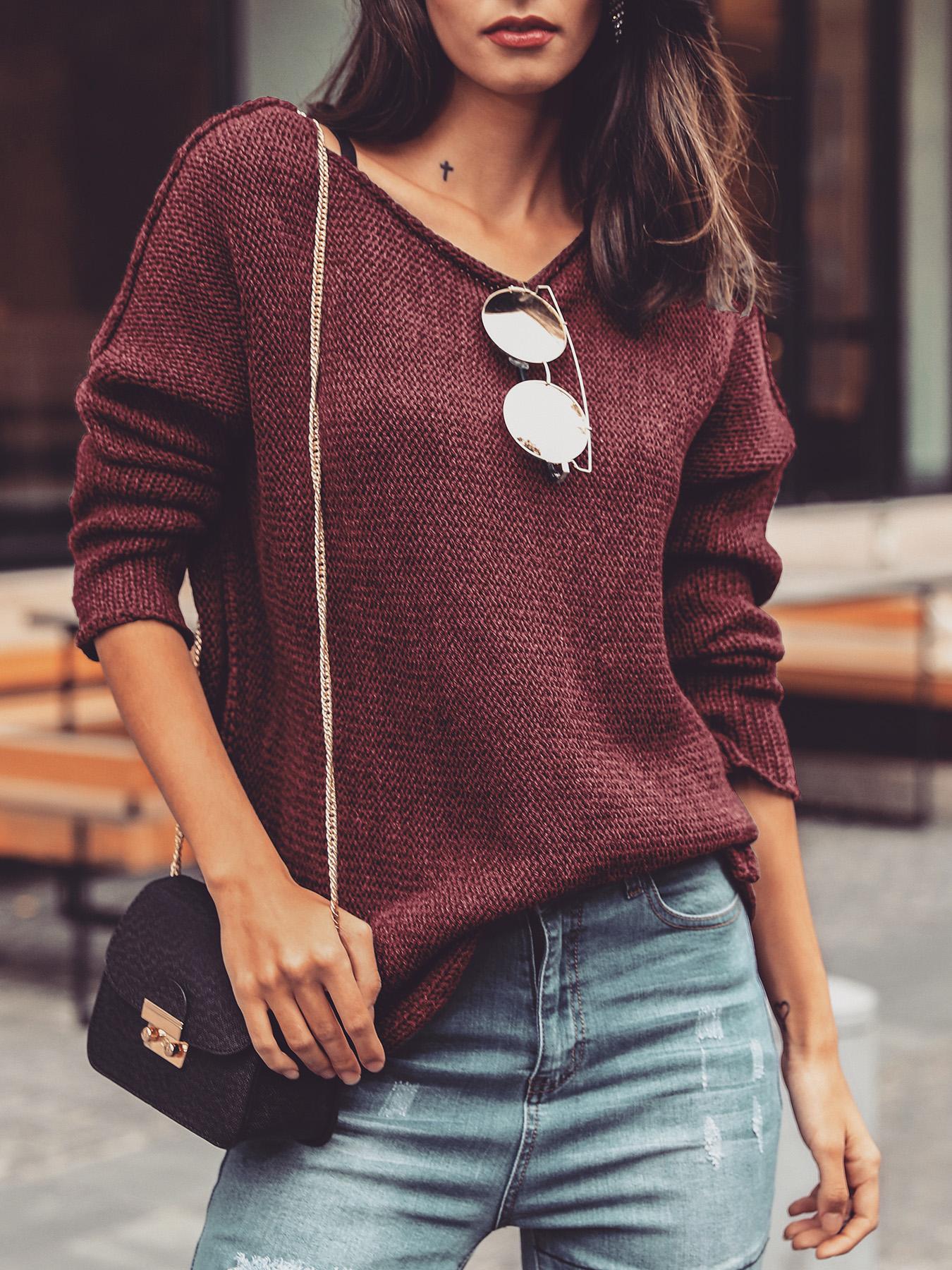 

Solid Boat Neck Long Bat-Wing Sleeve Casual Sweater