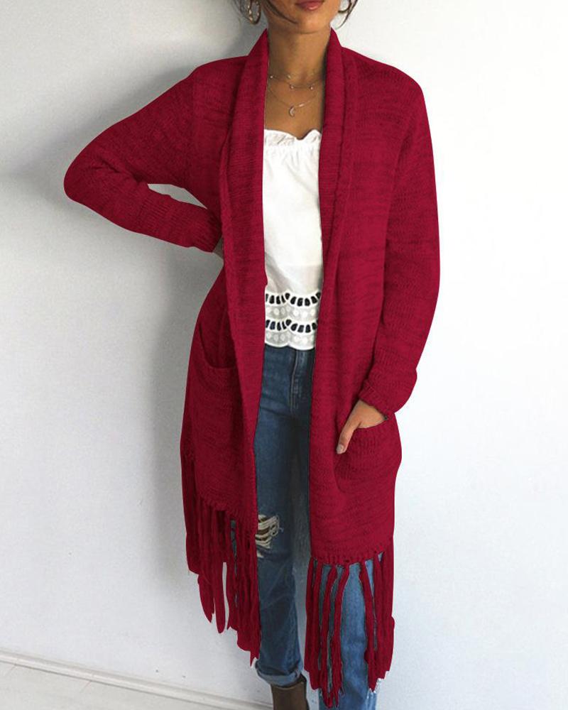 

Plain Tassel Knitted Oversized Cardigan, Red