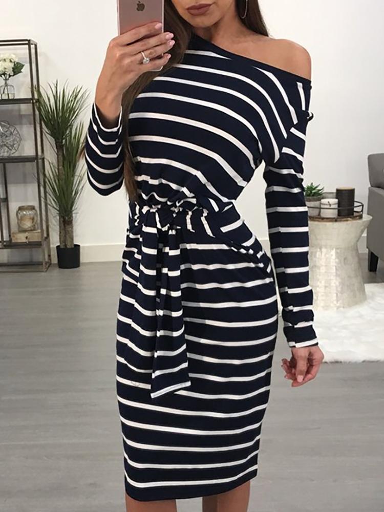 

Striped Long Sleeve Tied Waist Casual Dress