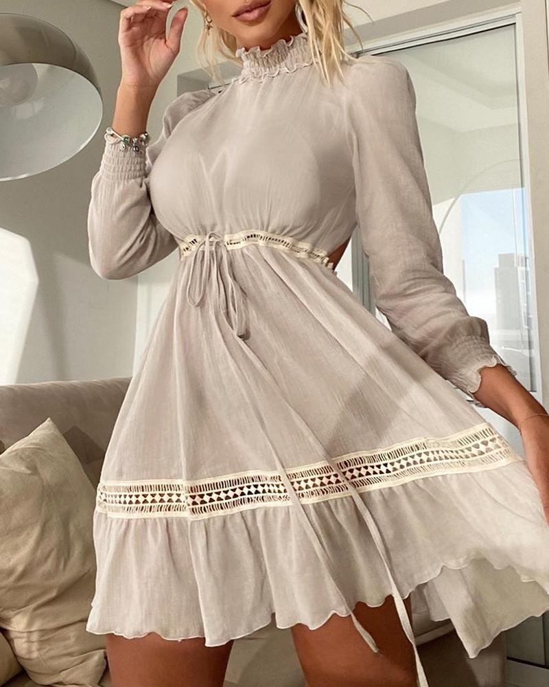 

High Neck Hollow Out Ruffle Trim Backless Dress, White