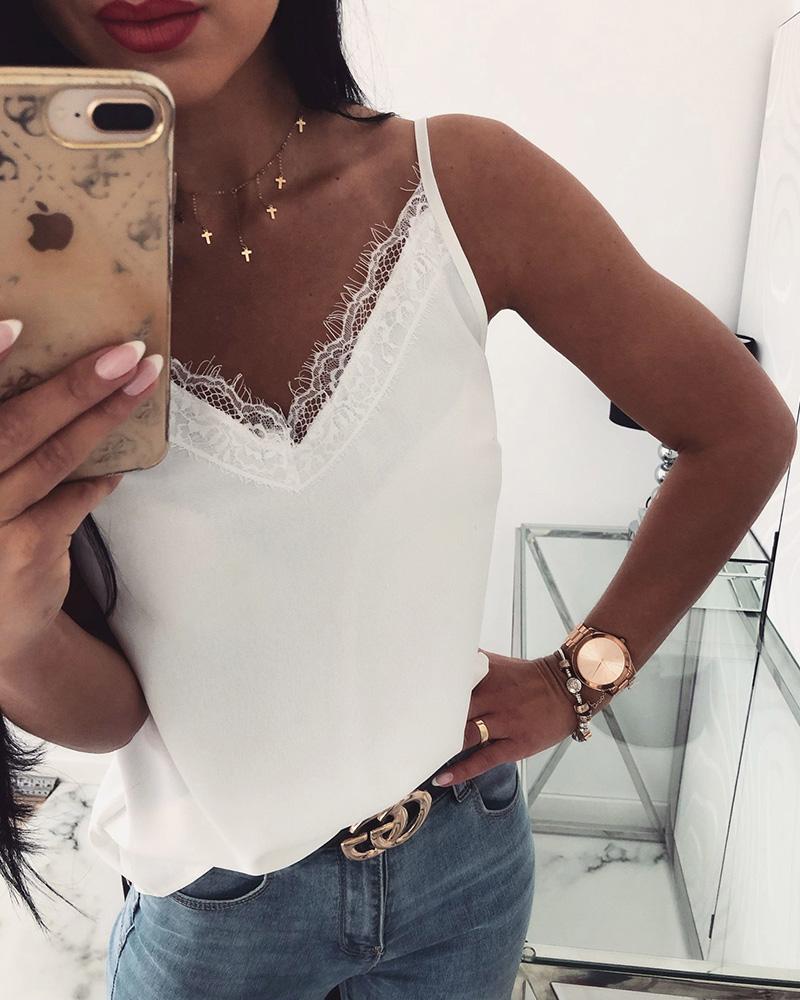 

Sleeveless V-Neck Lace Insert Casual Top