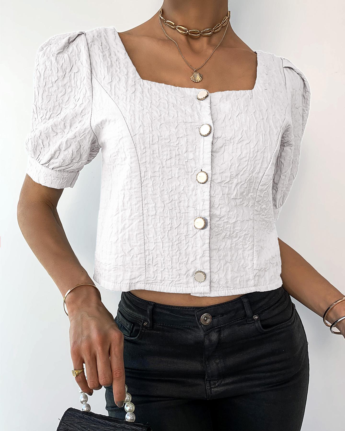 

Button Design Ruched Puff Sleeve Crop Top, White