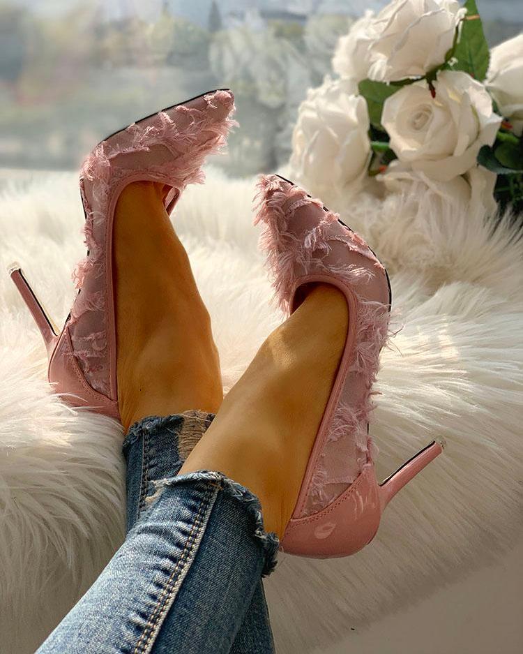 

Fluffy & Mesh Pointed Toe Heels, Pink