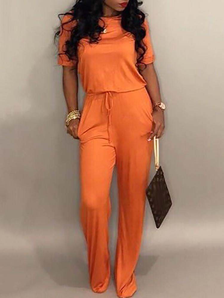 

Casual Solid Keyhole Back Drawstring Jumpsuit