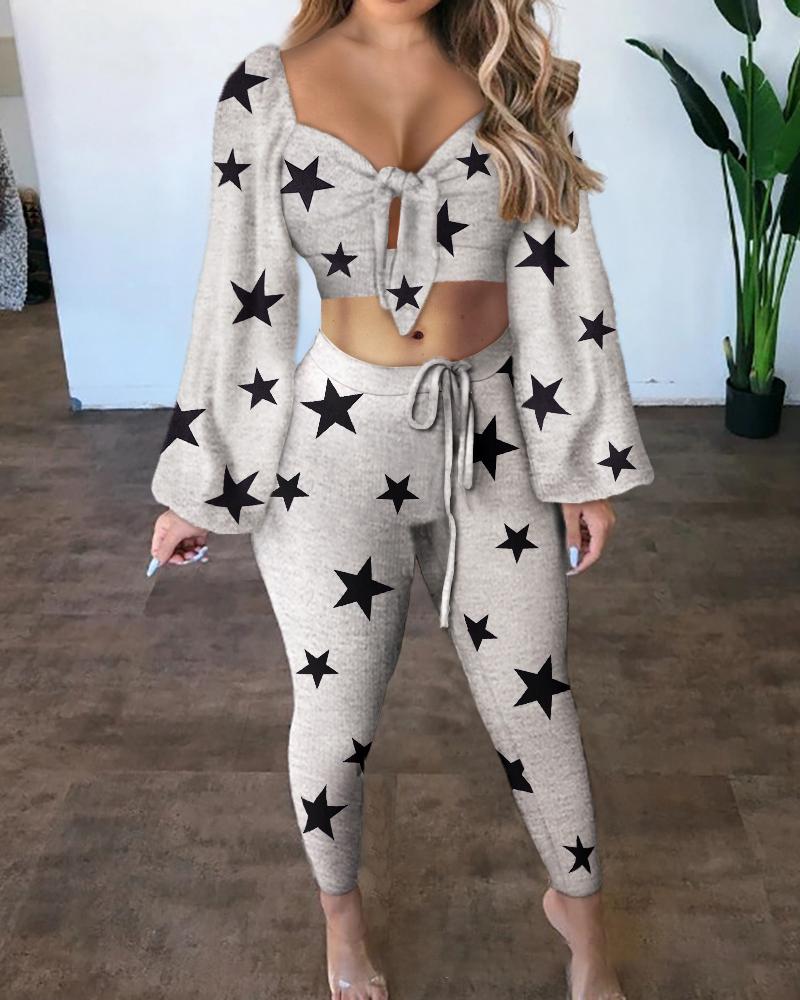 

Star Print Lantern Sleeve Crop Top & Drawstring Pants Set, Gray