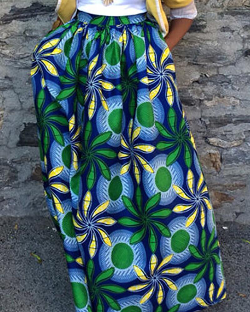

Floral Print Tight Waist Maxi Skirt, Green