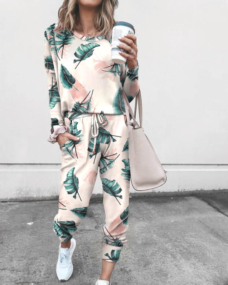 

Leaf Print Long Sleeve Drawstring Top & Casual Pants, Multicolor