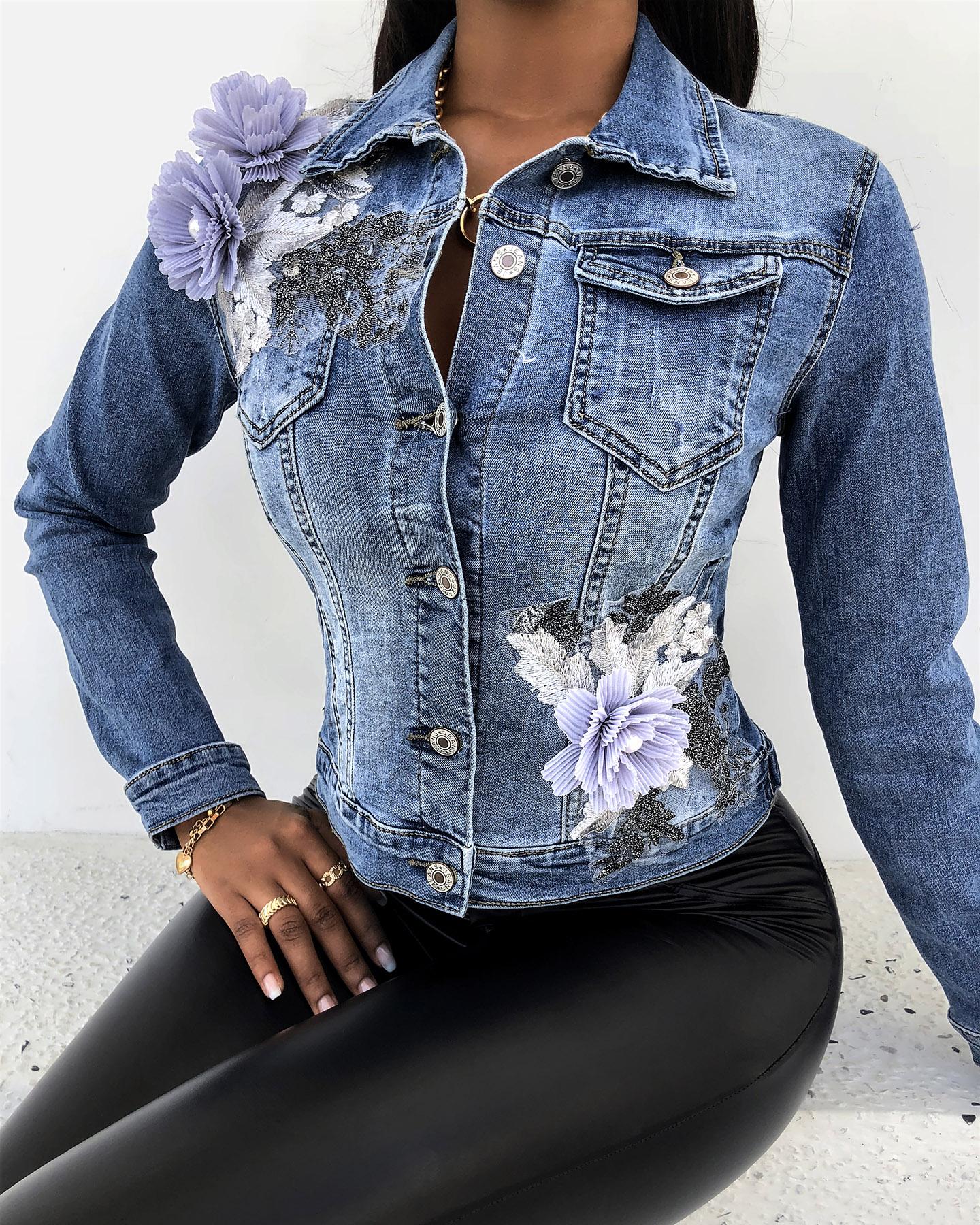 

Floral Pattern Button Design Long Sleeve Denim Coat, Blue
