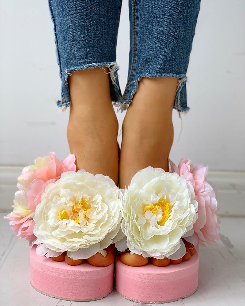 

Flower Embellished Platform Muffin Sandals, Pink