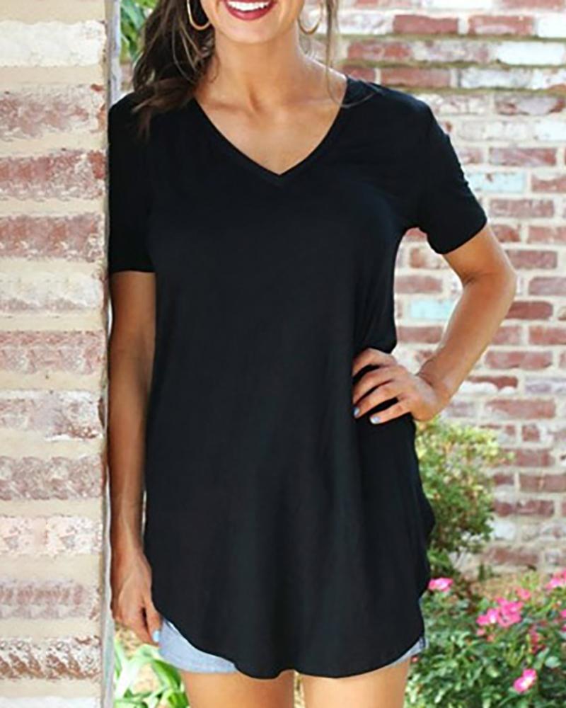 

Solid V-neck Short Sleeve Casual T-shirt, Black