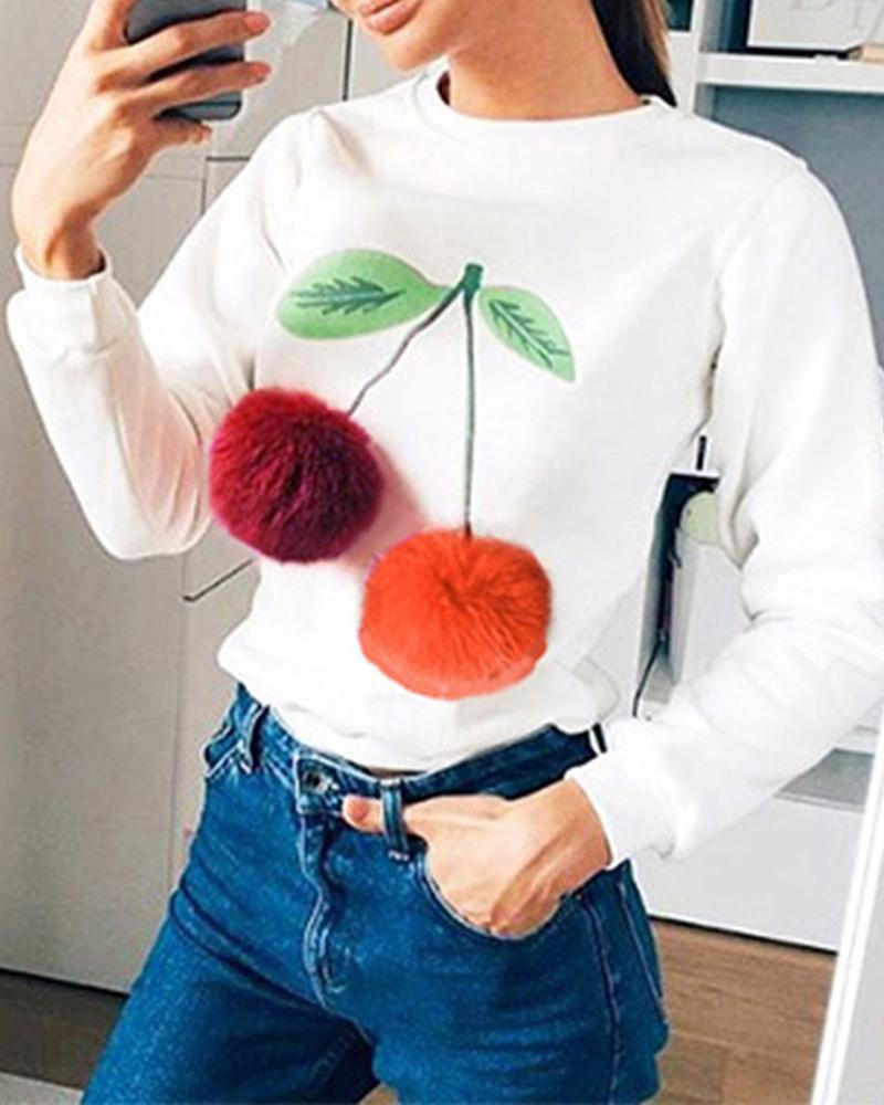 

Cherry Pattern Fluffy Long Sleeve Sweatshirt, White