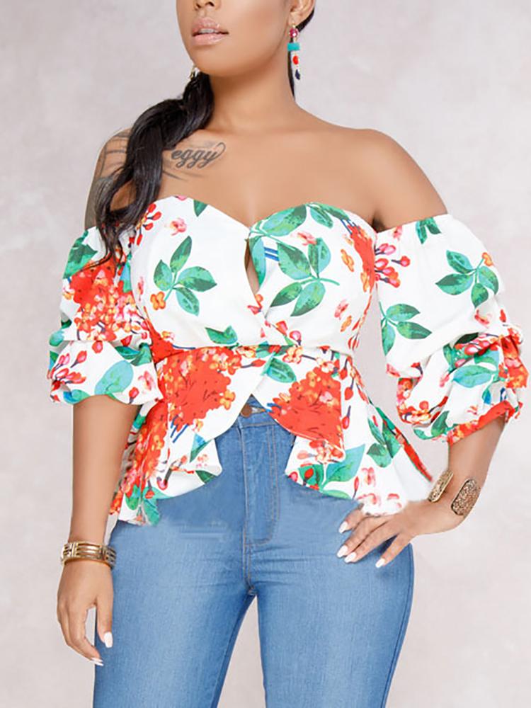 

Sweetheart Floral Off Shoulder Ruffle Blouse, White