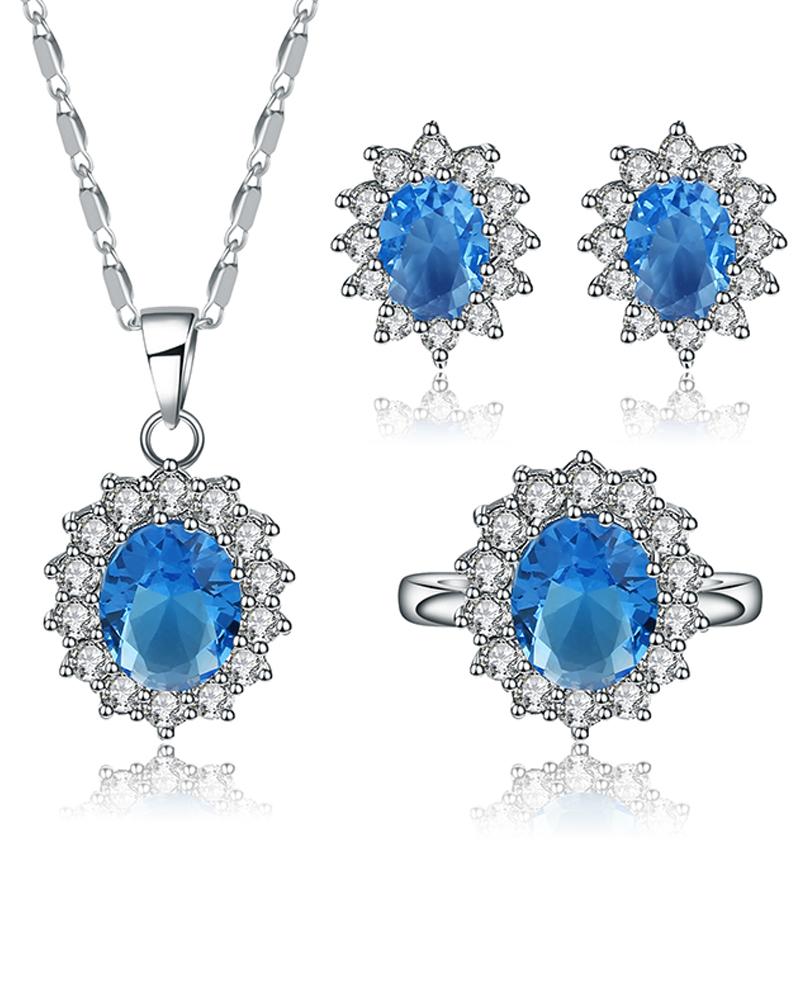 

4PCS Rhinestone Stud Pendant Necklace & Earrings & Ring Set, Blue