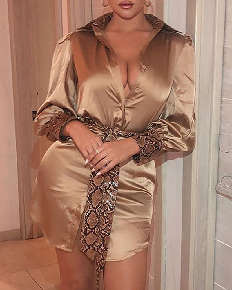 

Turn-down Collar Snakeskin Print Lantern Sleeve Shirt Dress, Brown