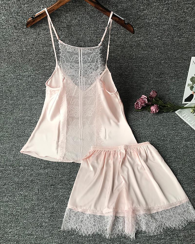 

Solid Spaghetti Strap Lace Trim Cami Sets, Pink