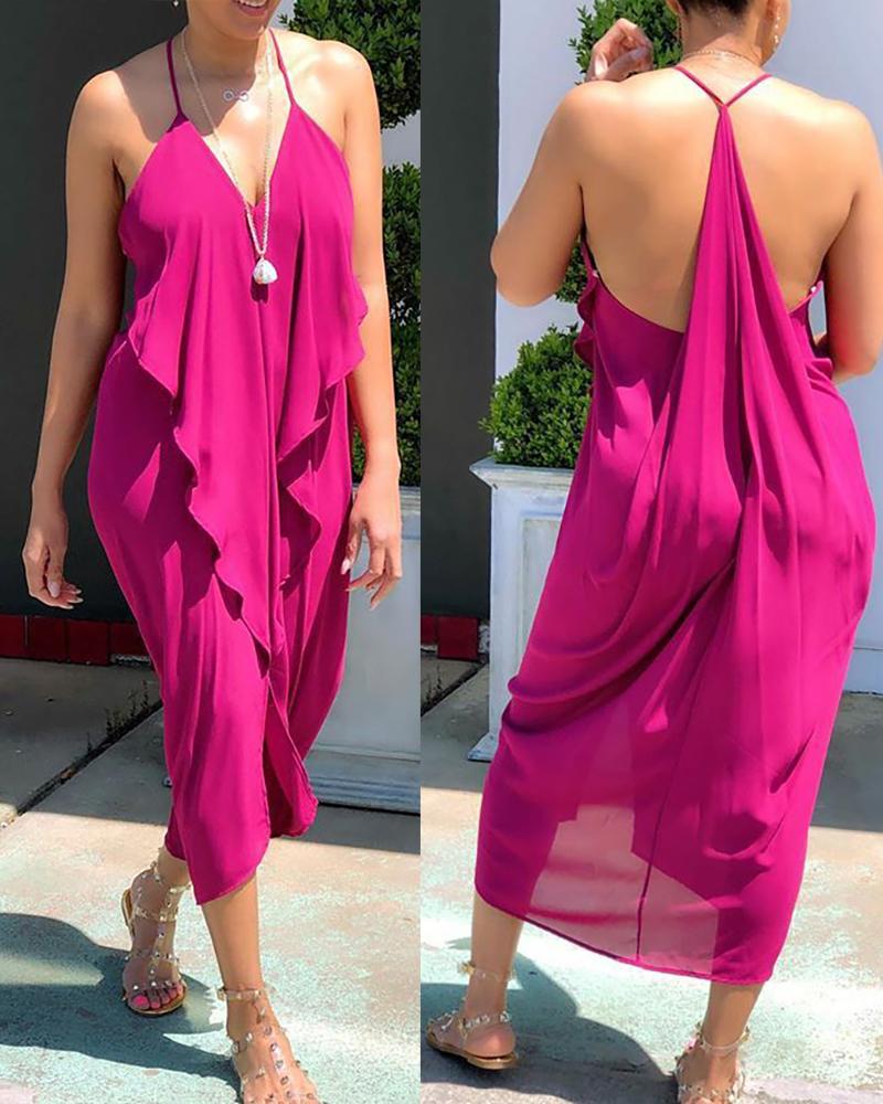 

Frill Hem Ruffles Backless Slit Dress, Hot pink