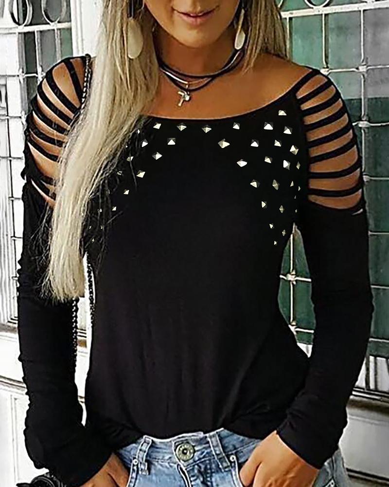 

Rivet Ladder Cutout Tassel Sleeve Blouse, Black