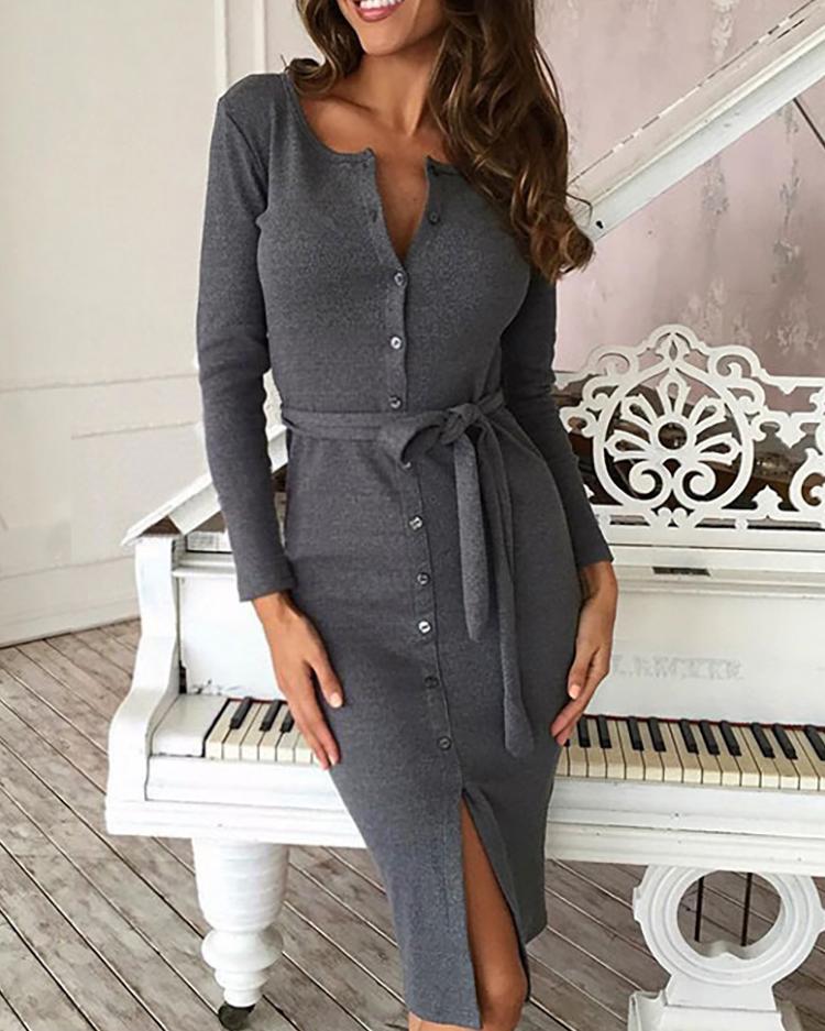 

Tied Waist Button Design Slit Bodycon Dress, Dark grey