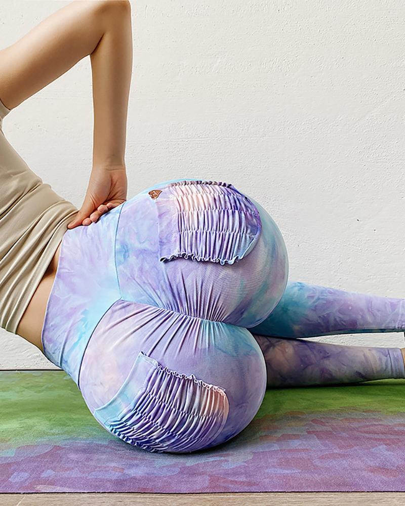 

Tie Dye Print Pocket Design Super Thick Sports Leggings, Purple
