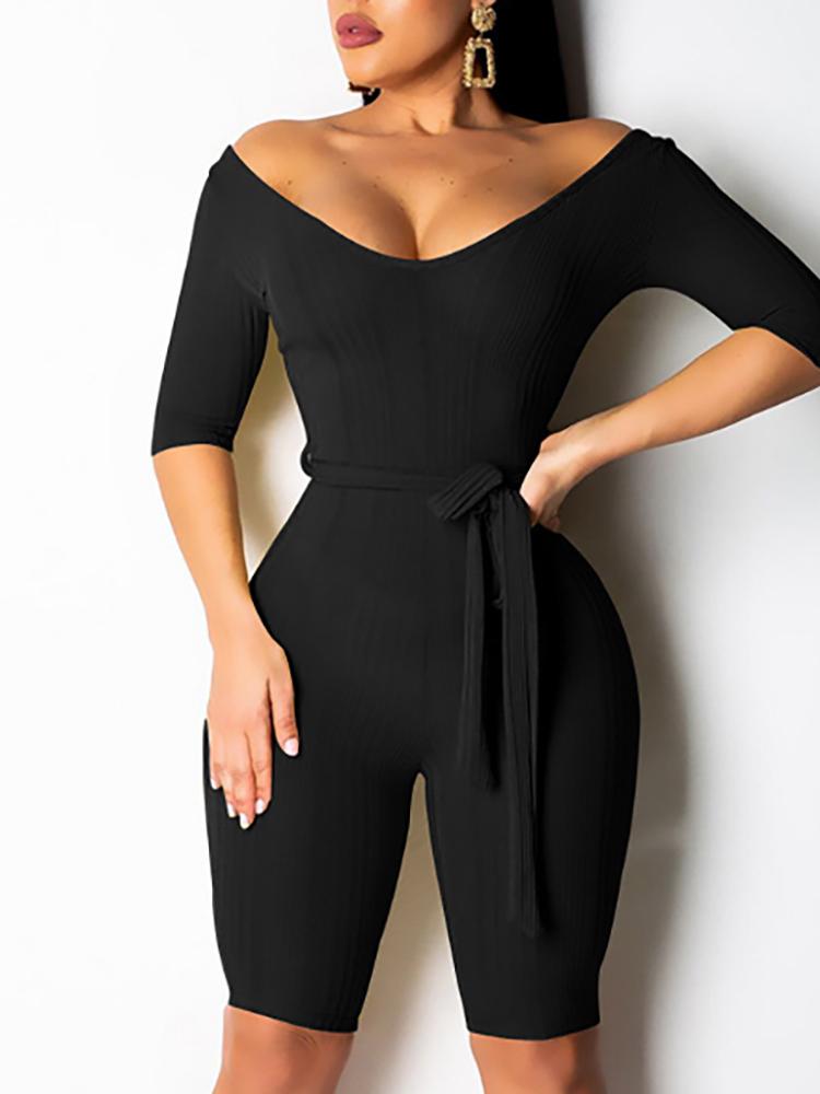 

Off Shoulder Half Sleeve Belted Romper, Black