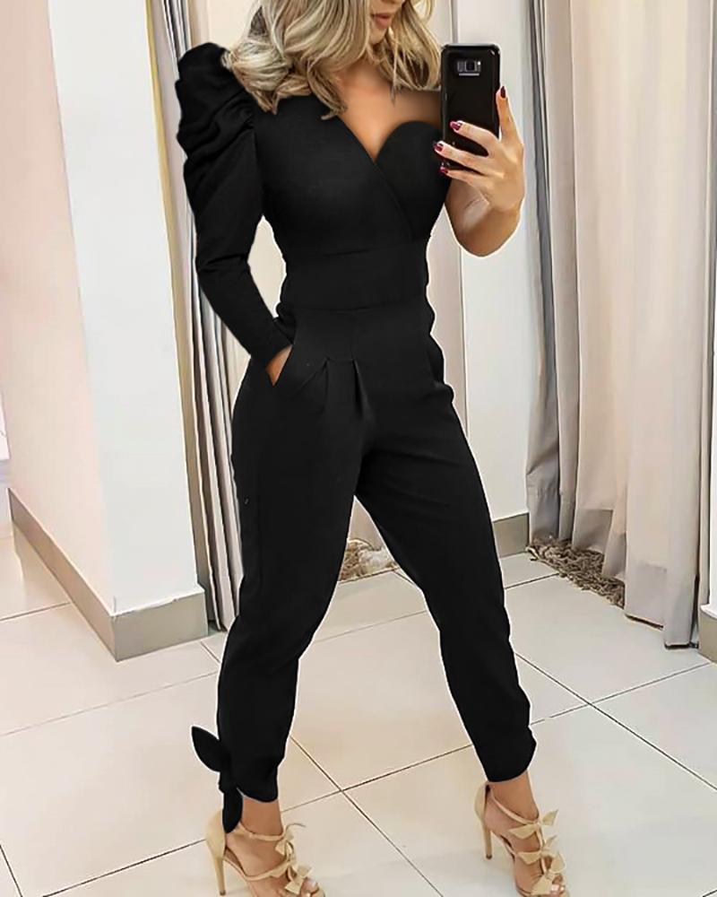 

Puffed Sleeve Tied Detail Jumpsuit, Black