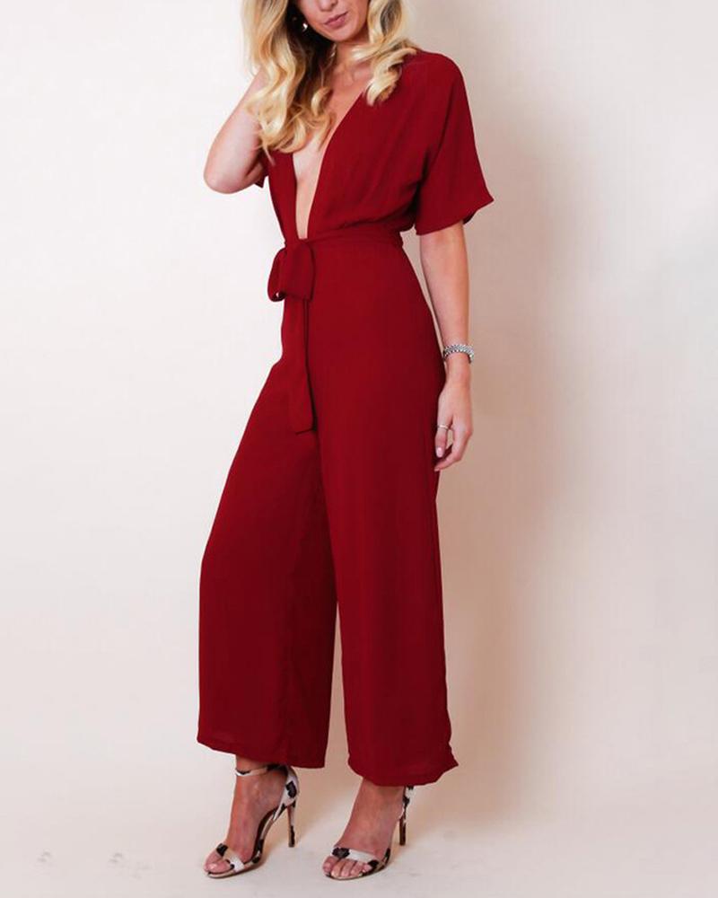 

Solid Color Deep V Wide Leg Belted Jumpsuit, Wine red