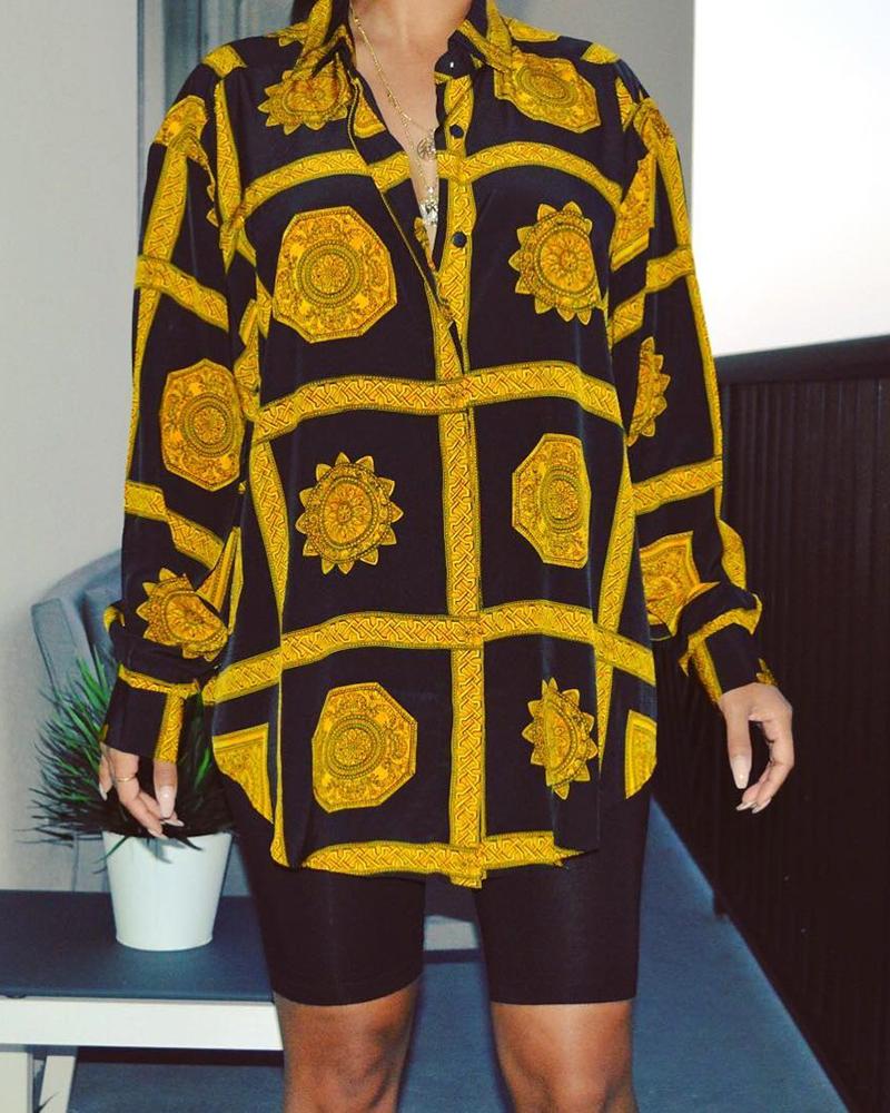 

Turn-down Collar Retro Print Buttoned Shirt, Yellow