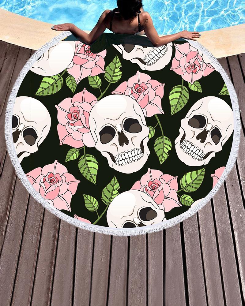 

Flower Skull Print Tassel Pool Beach Towel Blanket(150CM*150CM, Pink