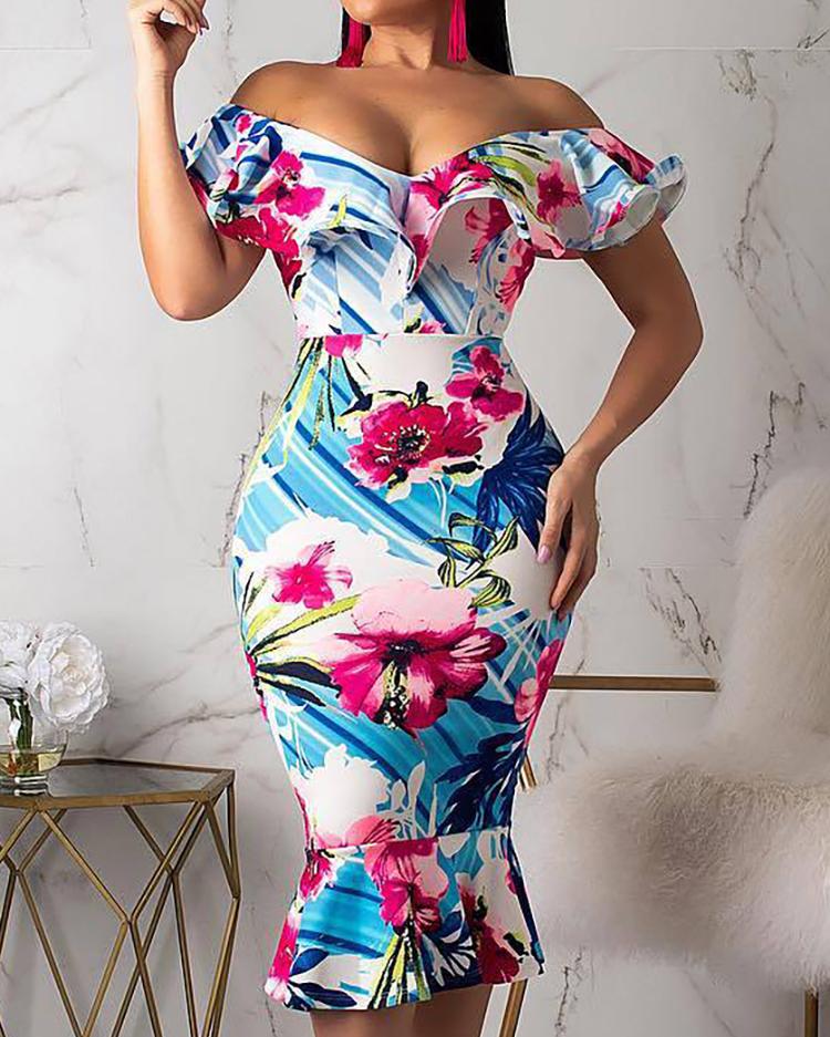 

Floral Print Off Shoulder Ruffles Dress, Multicolor