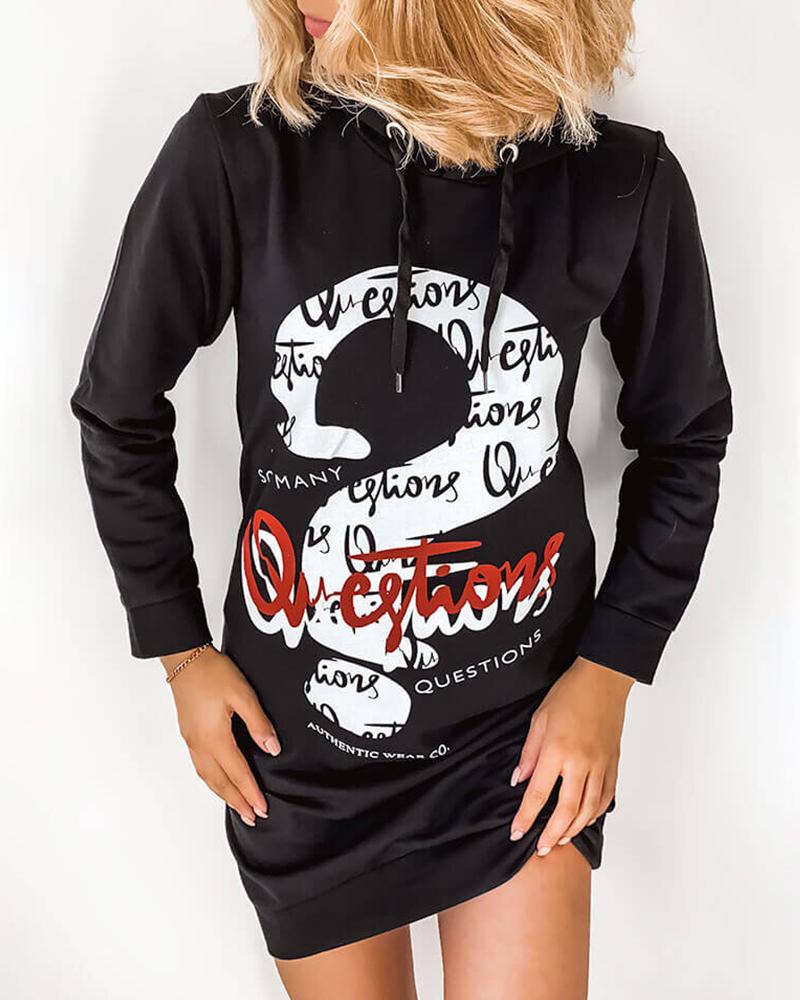 

Letter Print Long Sleeve Sweatshirt Dress, Black