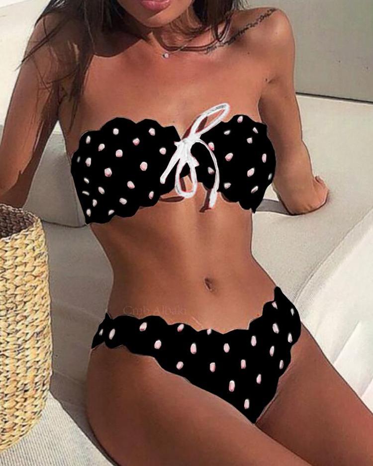 

Dot Wave Lace Trim Bandeau Bikini Sets, Black