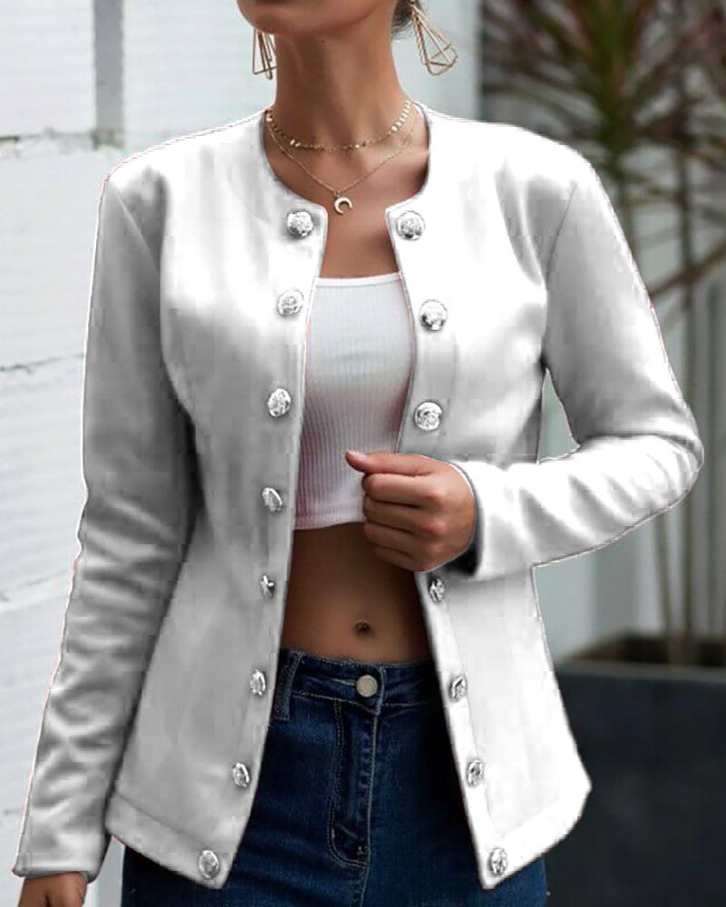 

Double-breasted Long Sleeve Round Neck Blazer, White