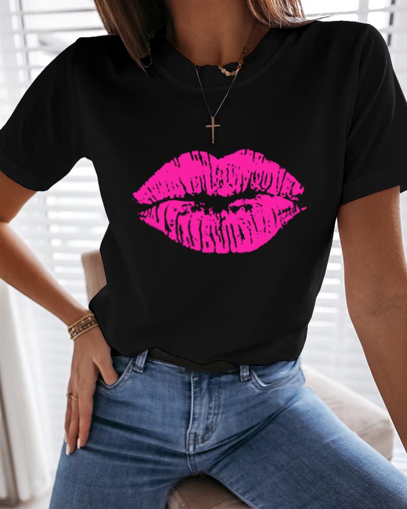 

Lip Print Short Sleeve Casual T-shirt, Black