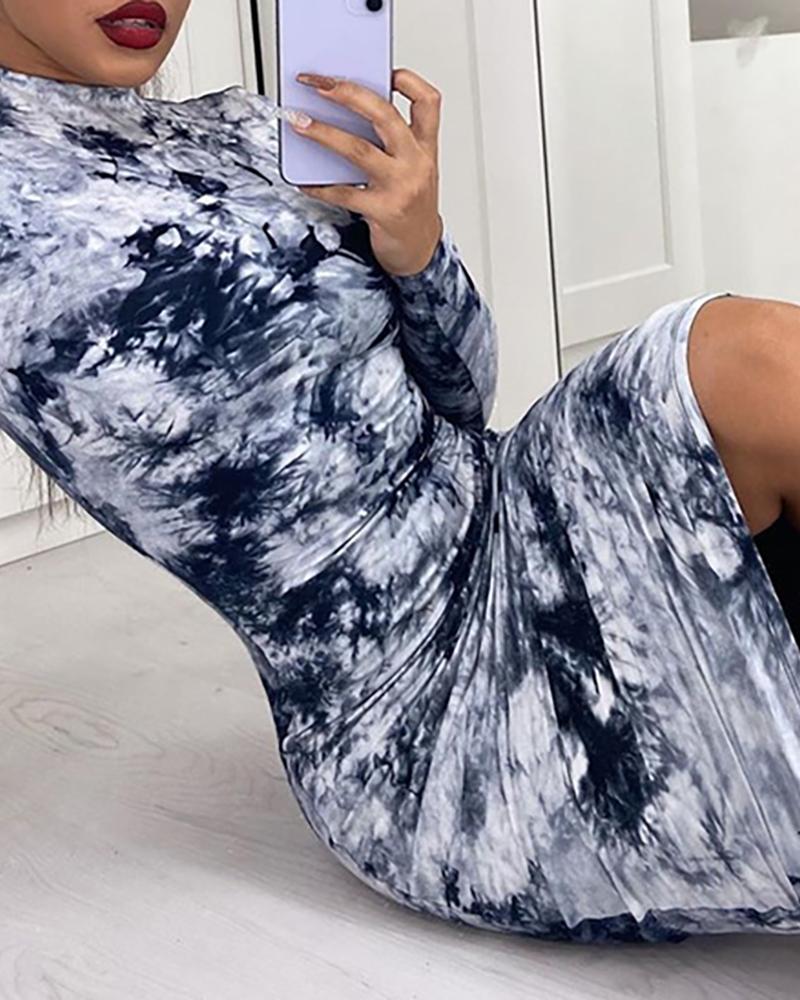 

Tie Dye Print Mock Neck Bodycon Dress, Blue