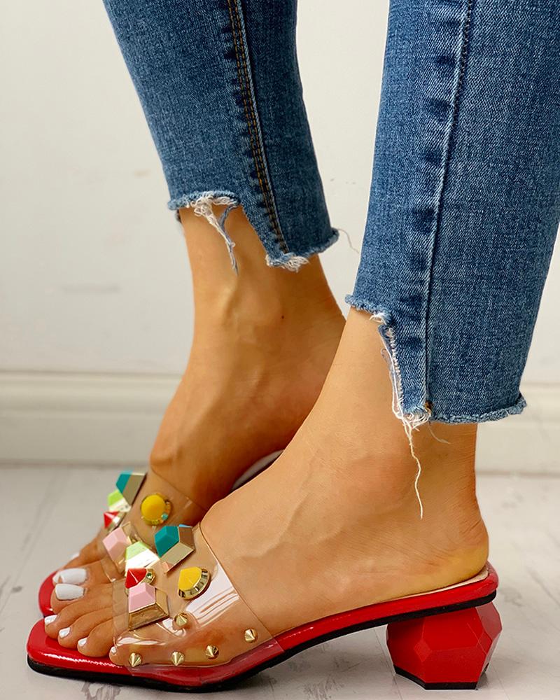 

Rivet Transparent Chunky Heeled Sandals, Red