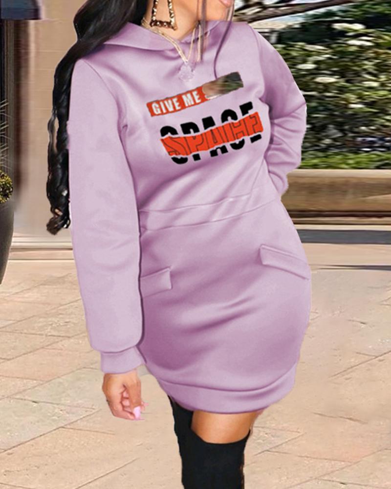 

Plus Size Letter Print Long Sleeve Hooded Sweatshirt Dress, Purple
