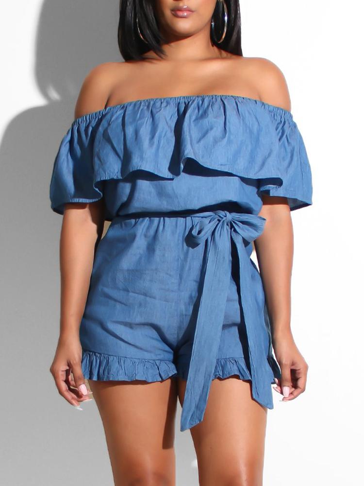 

Denim Off Shoulder Flounced Belted Romper