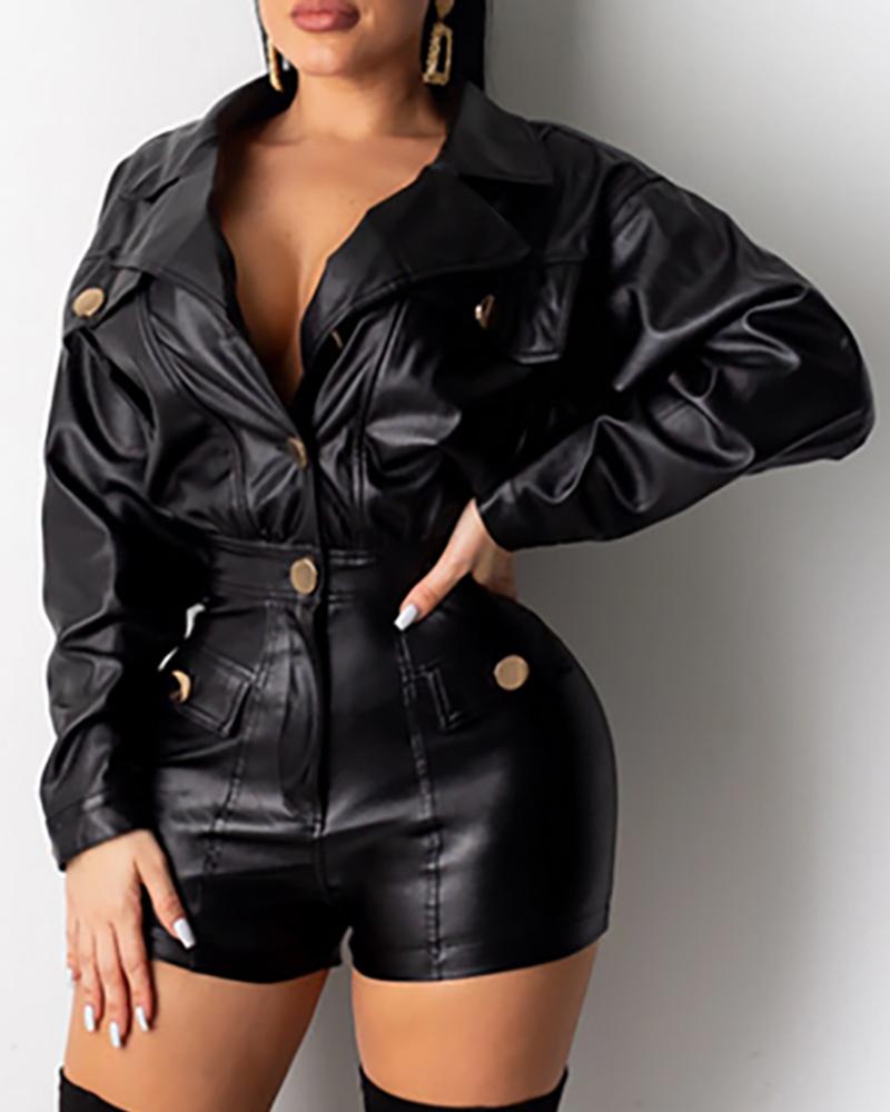 

Faux Leather Buttoned Romper, Black