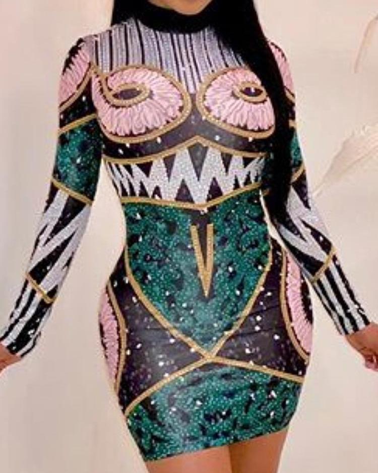 

Funny Print Long Sleeve Bodycon Dress, Multicolor