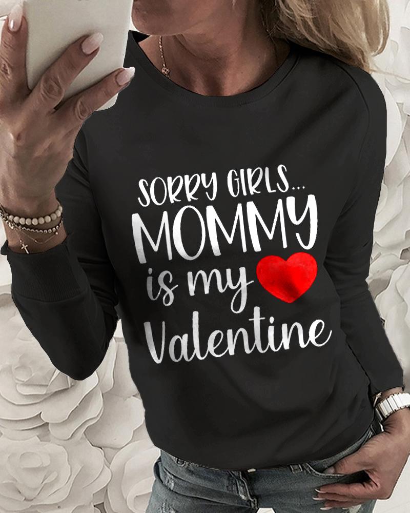 

Letter Heart Print Long Sleeve Top, Black
