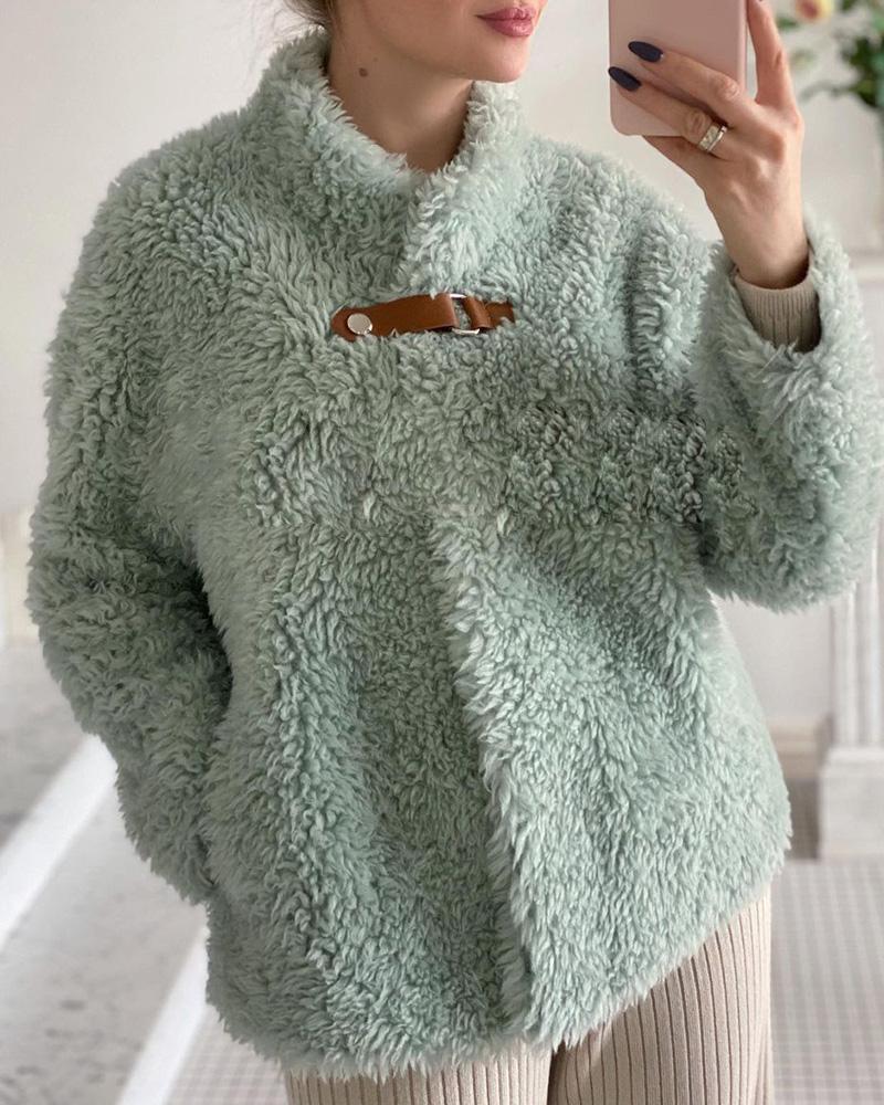 

Plain Long Sleeve Casual Teddy Coat, Green