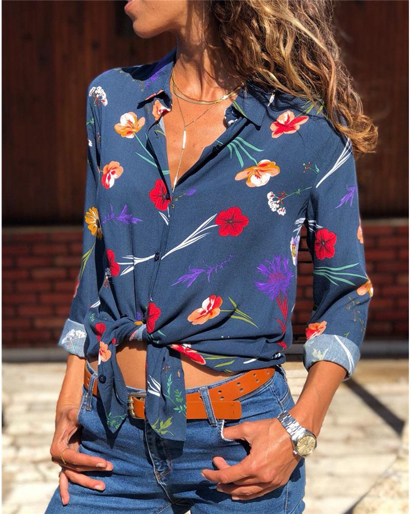 

Floral Print Long Sleeve Blouse, Dark blue