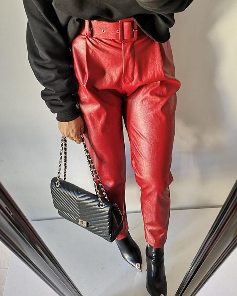 

High Waist Solid PU Slinky Pants, Red
