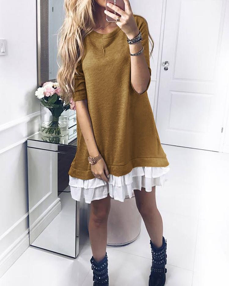 

Patchwork Ruffles Hem Loose Sweatshirt Dress, Khaki