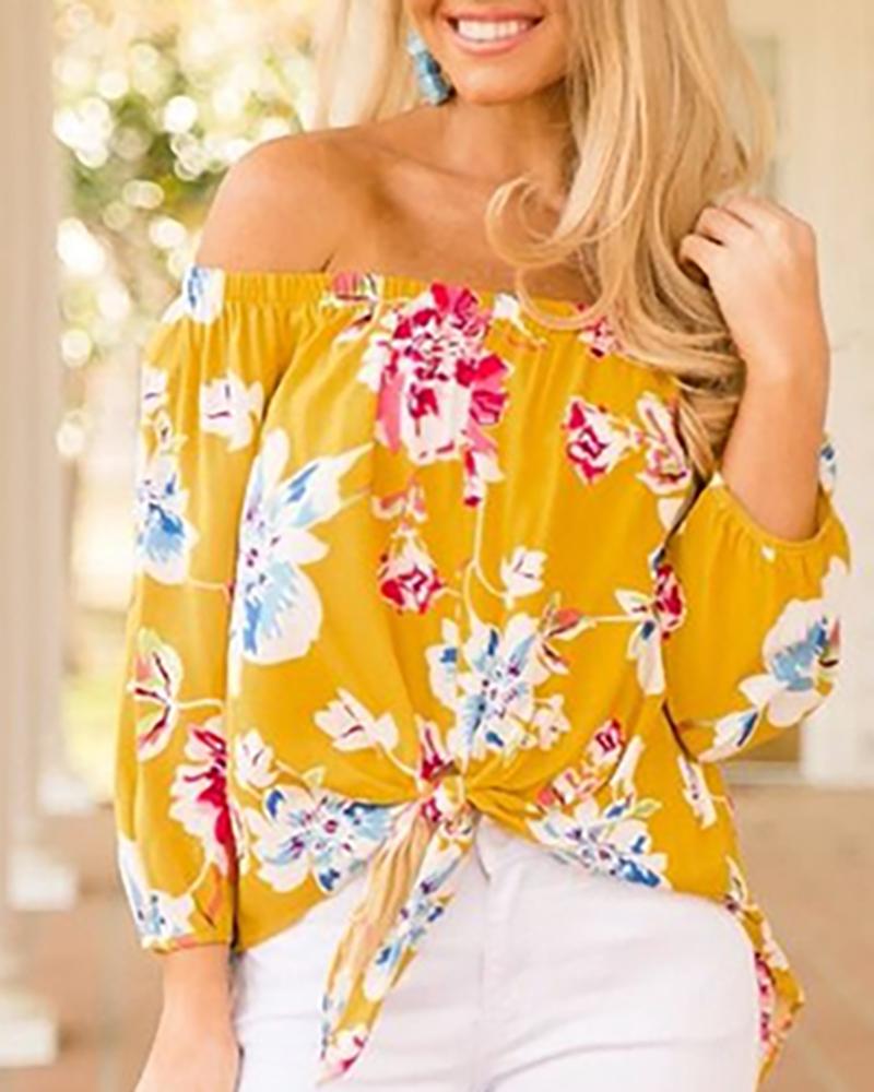 

Slash Neck Knot Front Floral Blouse, Yellow