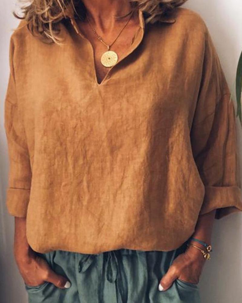 

Cotton and Linen Long Sleeve Loose V-neck Shirt, Khaki