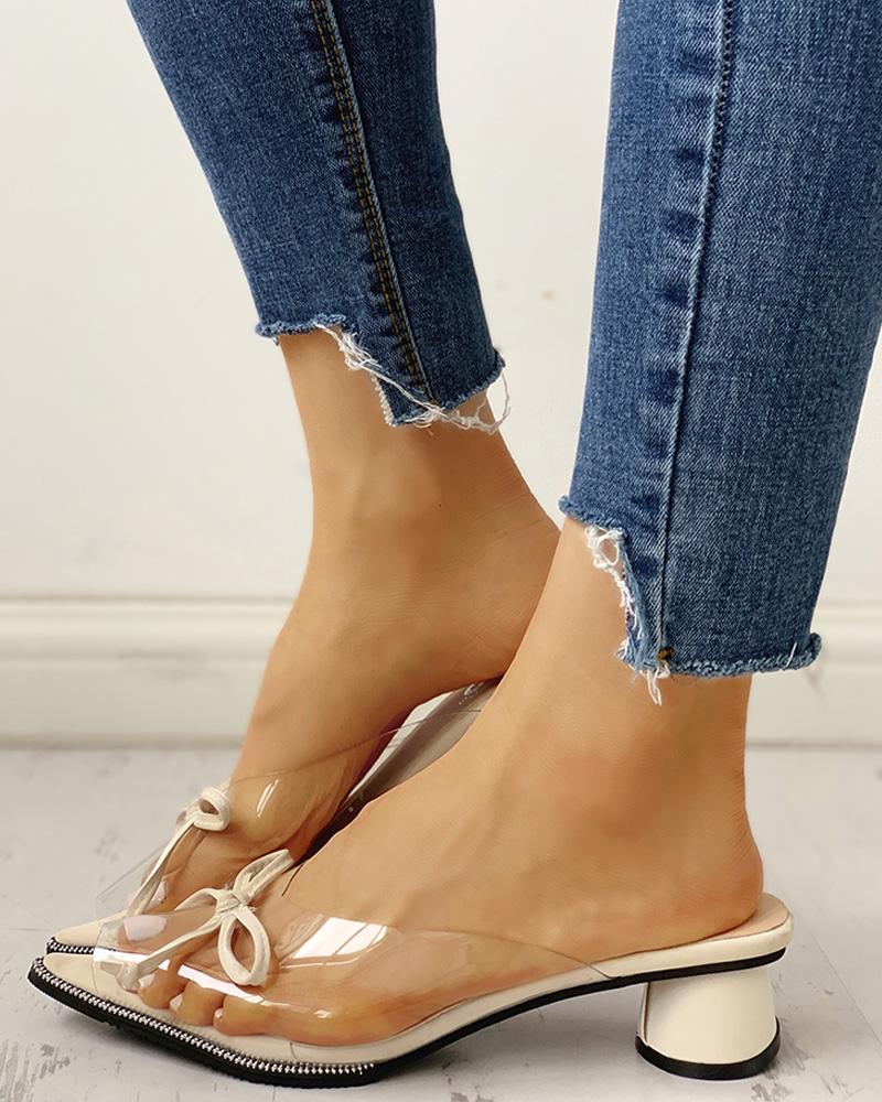 

Transparent Pointed Toe Bowknot Sandals, Beige