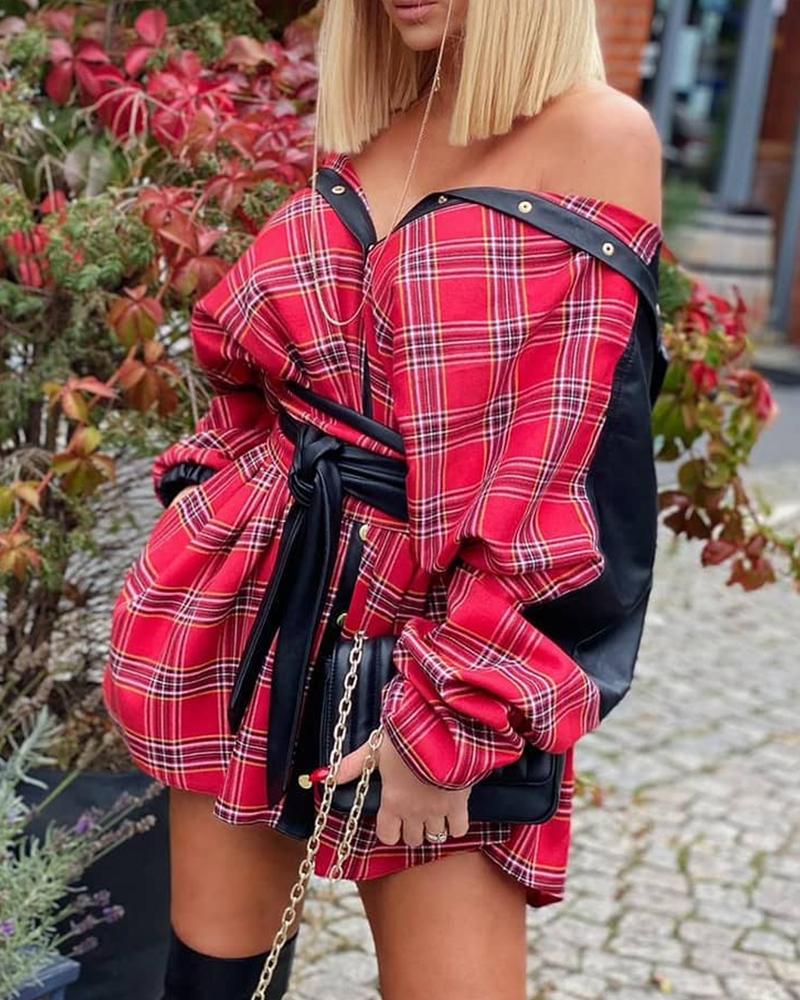

Plaid Print Long Sleeve Casual Shirt Dress, Red